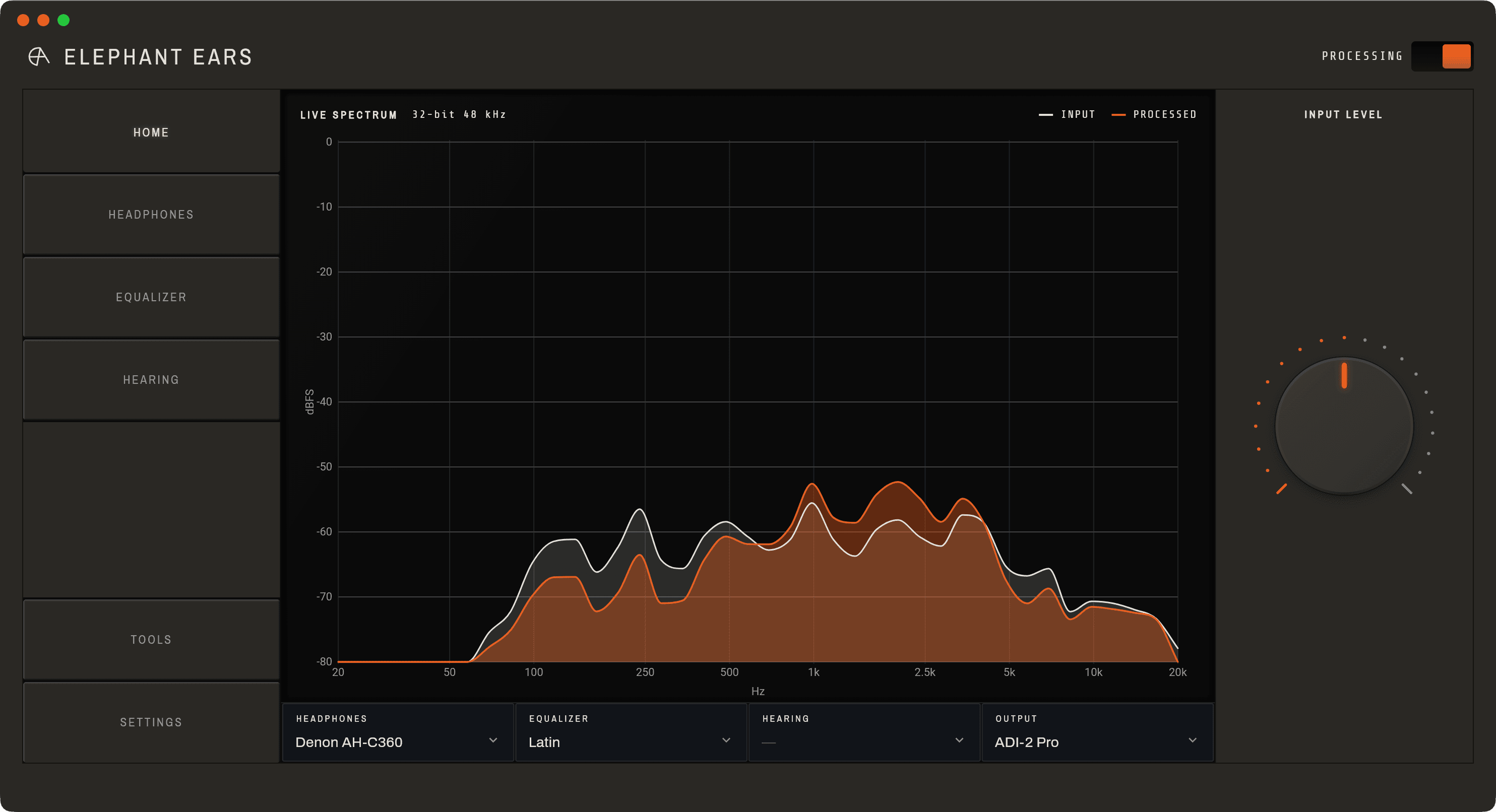 Elephant Ears desktop app home screen, with the live spectrum, headphone and hearing profiles, equalizer, and input level control.